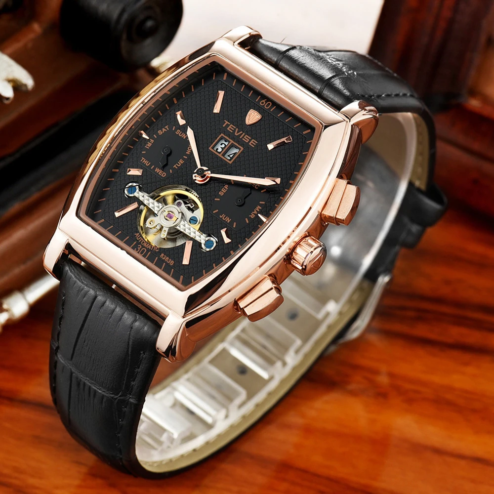 Tevise мужские Tourbillon автоматические деловые часы водостойкий Квадратный Циферблат Бизнес Повседневная Relogio Automatico Masculino с коробкой