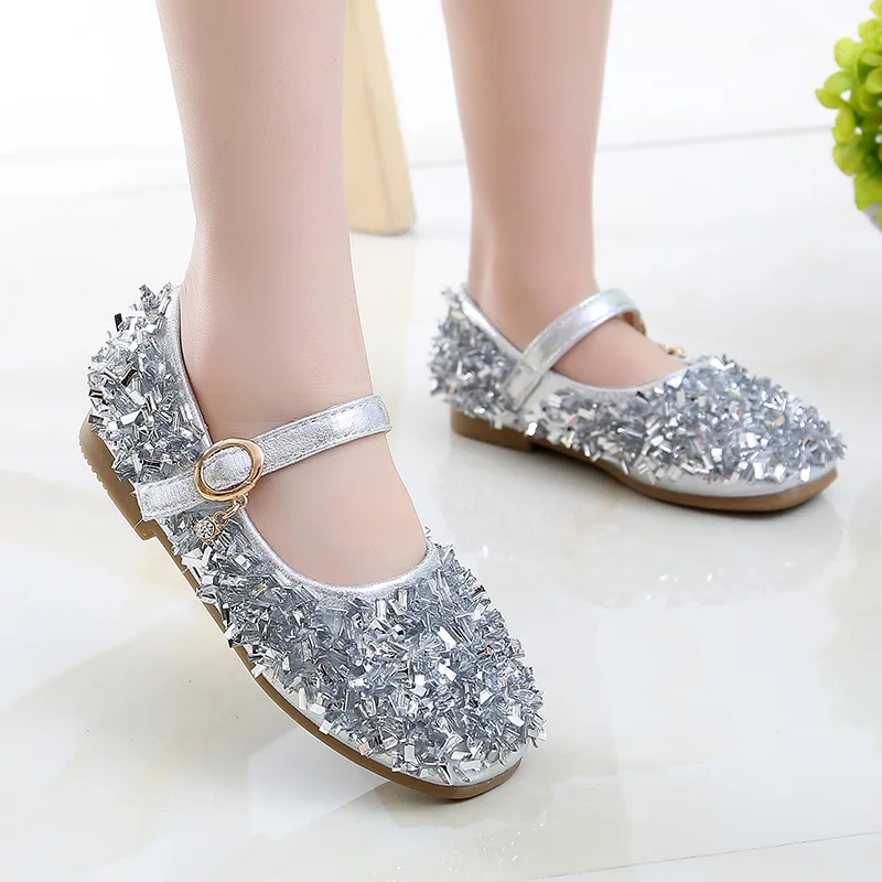 Black pink Silver Childrens leather shoes Girl Rhinestone Princess dancing shoes Kids Wedding Party Shoes For Girl 3-15T