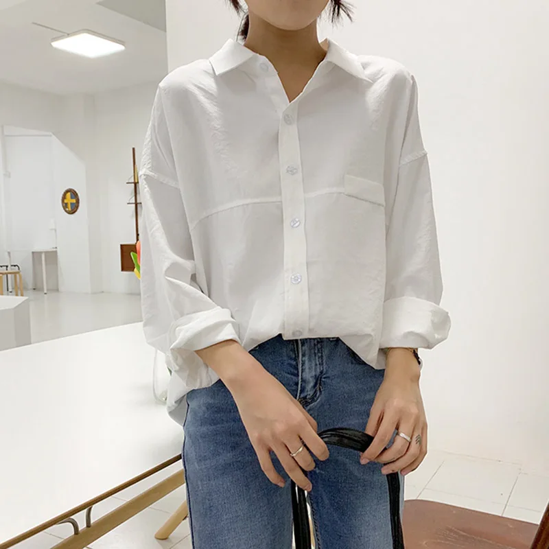 Шифоновая женская блузка рубашка Лето воротник поло свободные большие размеры корейский стиль Версия Топы женские блузки рубашки белый/синий/серый
