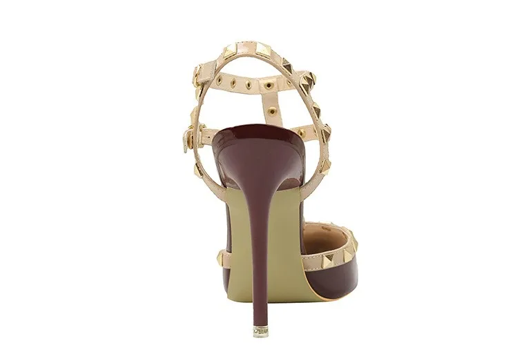 Высококачественная женская обувь с Т-образным ремешком и заклепками пикантная женская обувь для вечеринок из лакированной кожи с шипами на высоком каблуке