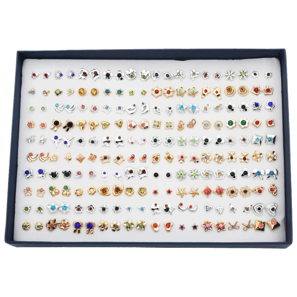 100 Pairs Wholesale Lots Simple Resin Stud Earrings Set Fashion Cute Crystal Rhinestone Ear Studs with Storage Box
