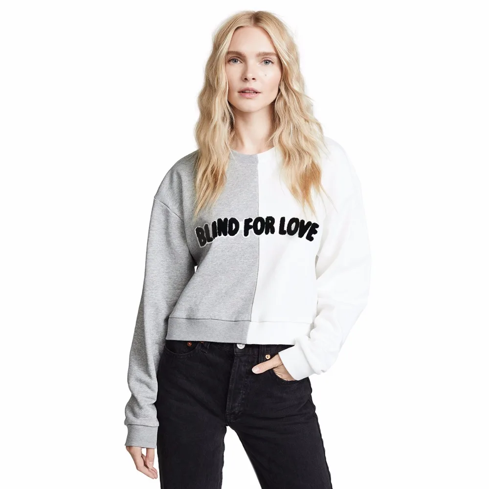 

HDY Haoduoyi Women Casual Stitching Letter Sweatshirt Terry Cloth Long Sleeve Round Neck Short Ribbed Edging Pullover Wholesale