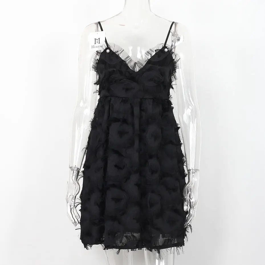 Уличная мода платье Для женщин Лето Новое поступление спагетти ремень Бисер платья дамы V шеи 3D кисточкой вечерние платье черный - Цвет: Черный