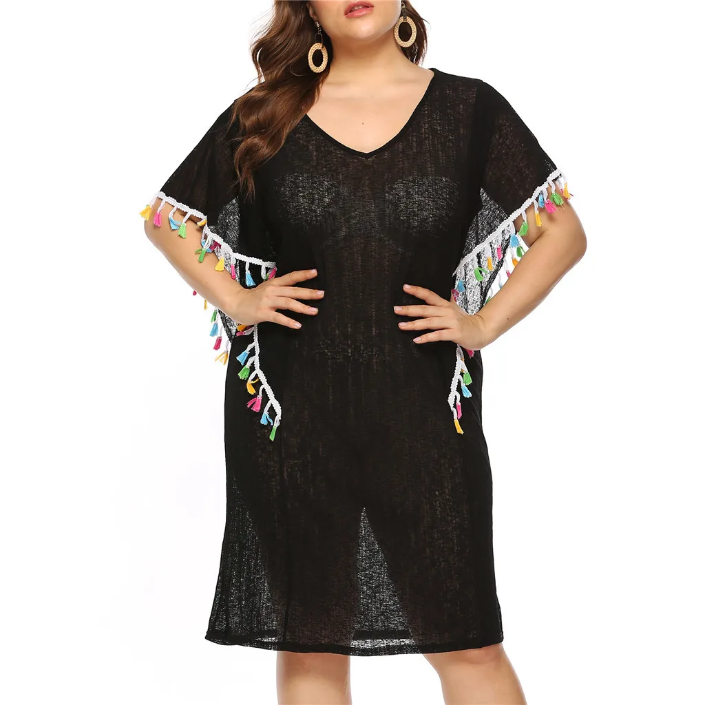 

2019 Plus Size XL-L4 Women Summer Crochet Patchwork Bikini Cover up Tassel Knitted Beach Dress Swimsuit Women Cape Robe De Plage