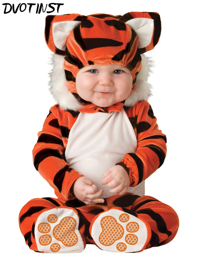 Dvotinst Baby Children Kids Halloween Party Cosplay Animals Tiger Outfits Costume Romper+Hat+Socks Infantil Toddler Clothing