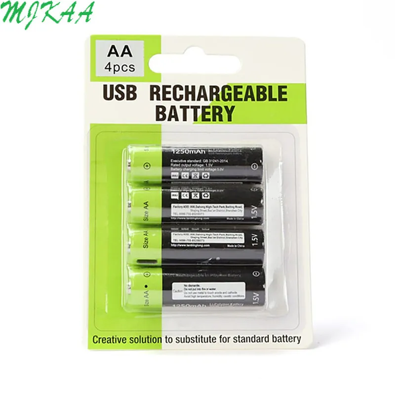 ZNTER 4 шт AA перезаряжаемая батарея 1,5 V 2A 1250mAh usb зарядка литиевая батарея с микро usb кабель для зарядки