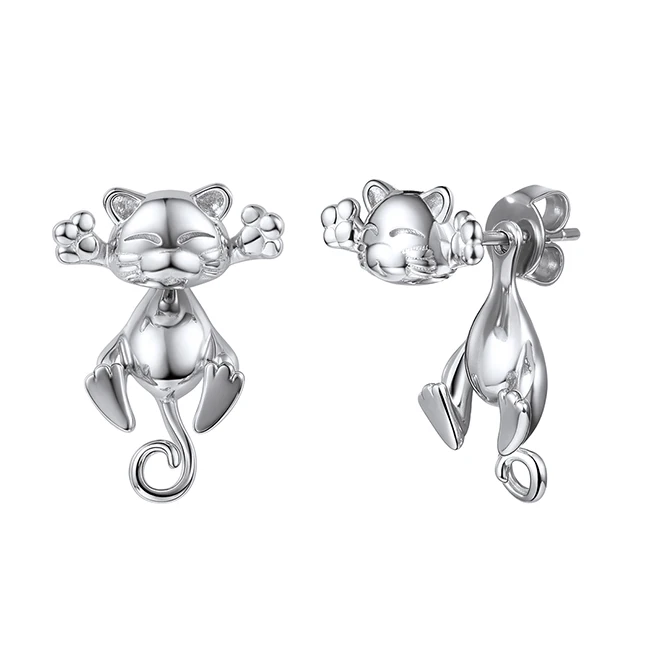 SILVERCUTE приседание 3D кошка обнимает серьги гвоздики для женщин 925 серебро животное золотого цвета ювелирные изделия котенок Brincos SCE6086B - Цвет камня: Silver Color