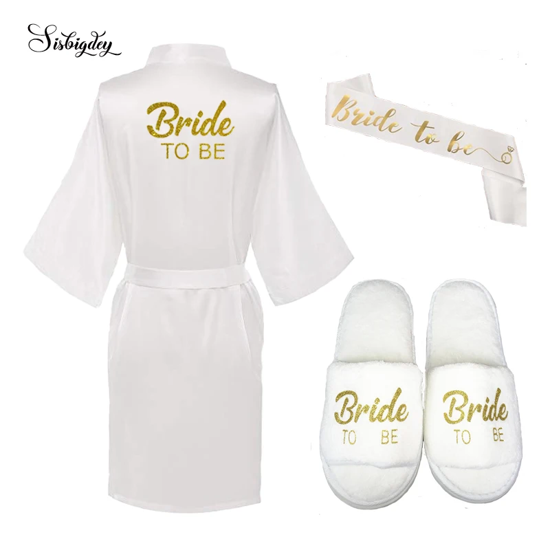 Sisbigdey/комплект из 3 предметов для невесты; халат атласный; шлёпанцы; Атласный халат с поясом; Женская Блестящая свадебная одежда золотого цвета; вечерние кимоно