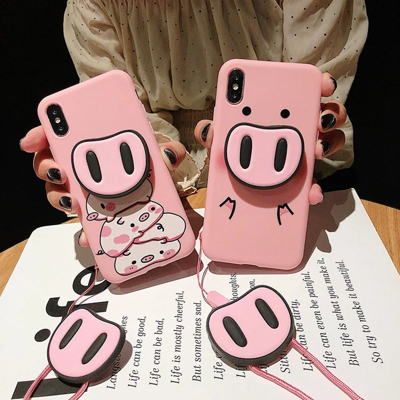 

Case for Huawei Honor 9 10 Lite 8X 8C 7A 7C Pro 7X 6X Y6 Prime Y7 Y9 2018 enjoy 9 Plus V10 Pig Nose Holder Strap Pig Case