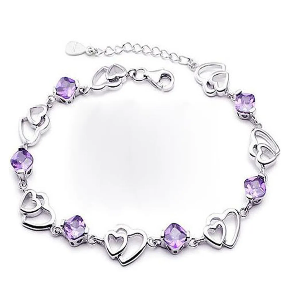 

2019 YKNRBPH Fashion 925 Sterling Silver hearts Purple Diamond Bracelet Women's Adjustable Length Party Jewelry Bracelets
