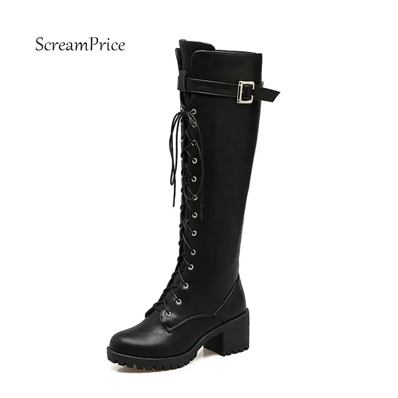 En Ligne Femmes Boucle Dentelle Up Confortable Plate Forme Carrée Talon Genou Haute Bottes De Mode Bout Rond Chaussures D hiver Noir Brun Gris Vert