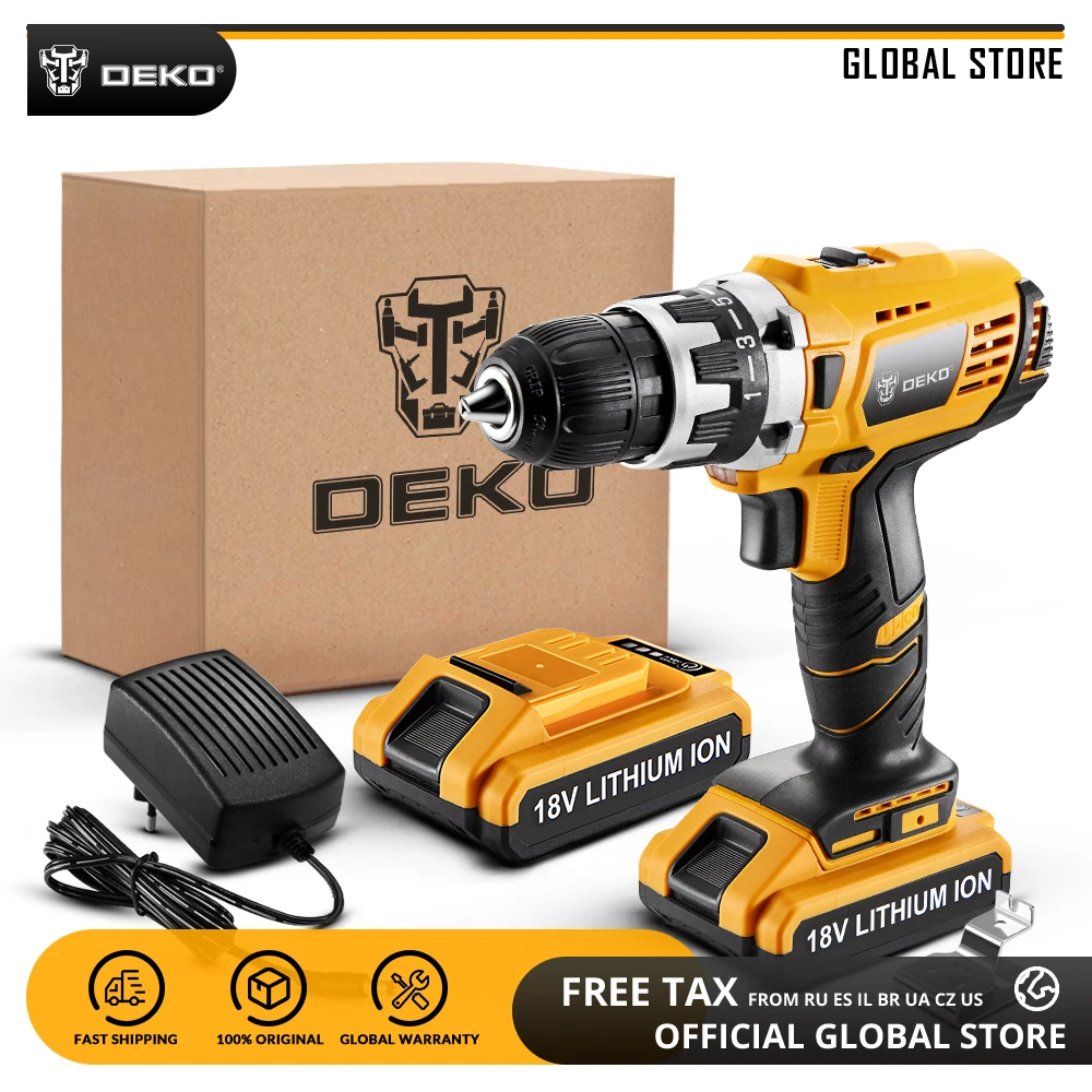 DEKO GCD18DU2 18V Mini Power Driver LED Power Tool Variable Speed Cordless Drill Home DIY Electric Screwdriver 2 Lithium Battery