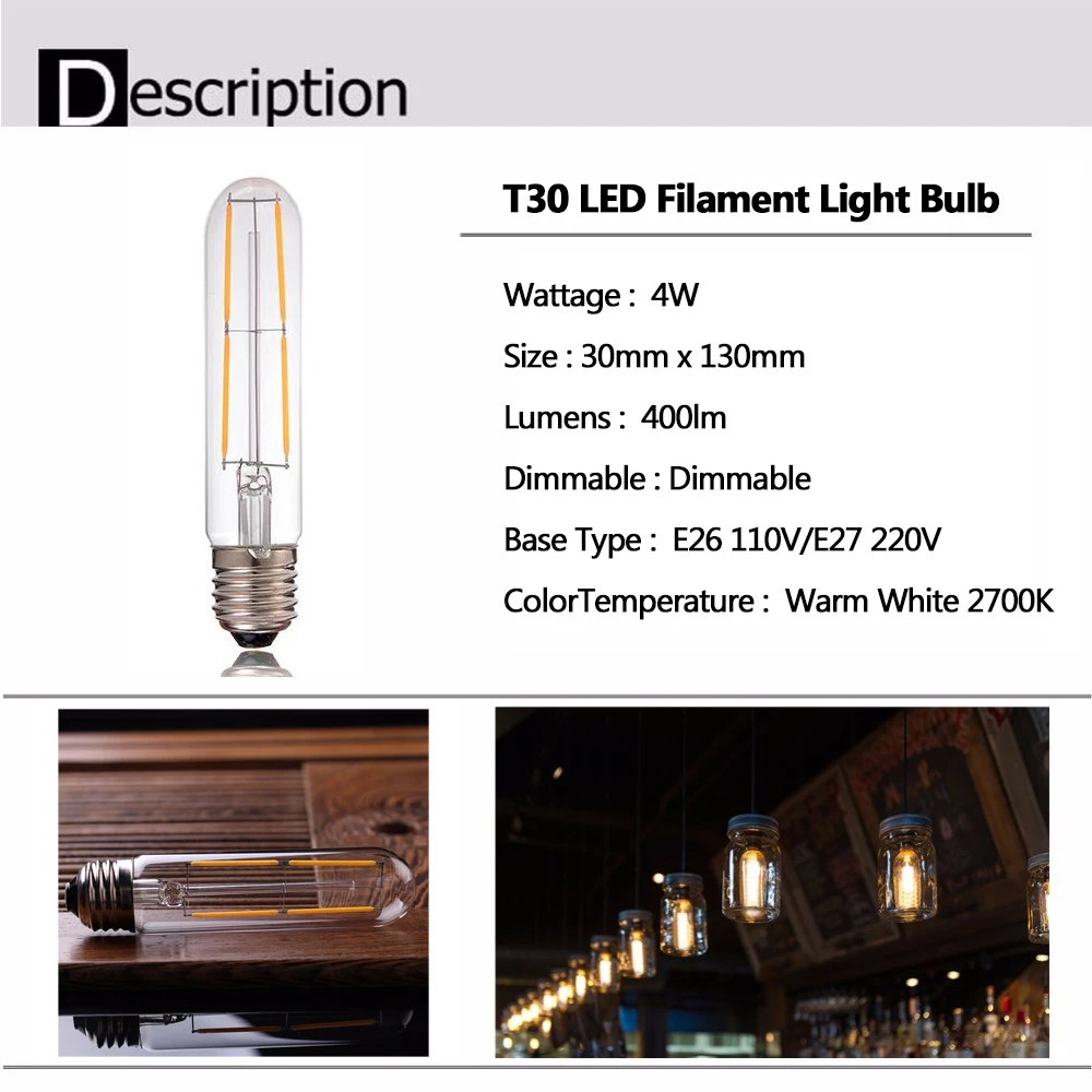 Grensk T30 E14 лампа Светодиодная диммируемая лампа edison светодиодная лампа E27 винтажная лампа накаливания 110 V 220 V 1 Вт 2 Вт 3 Вт, 4 Вт, 6 Вт трубчатая
