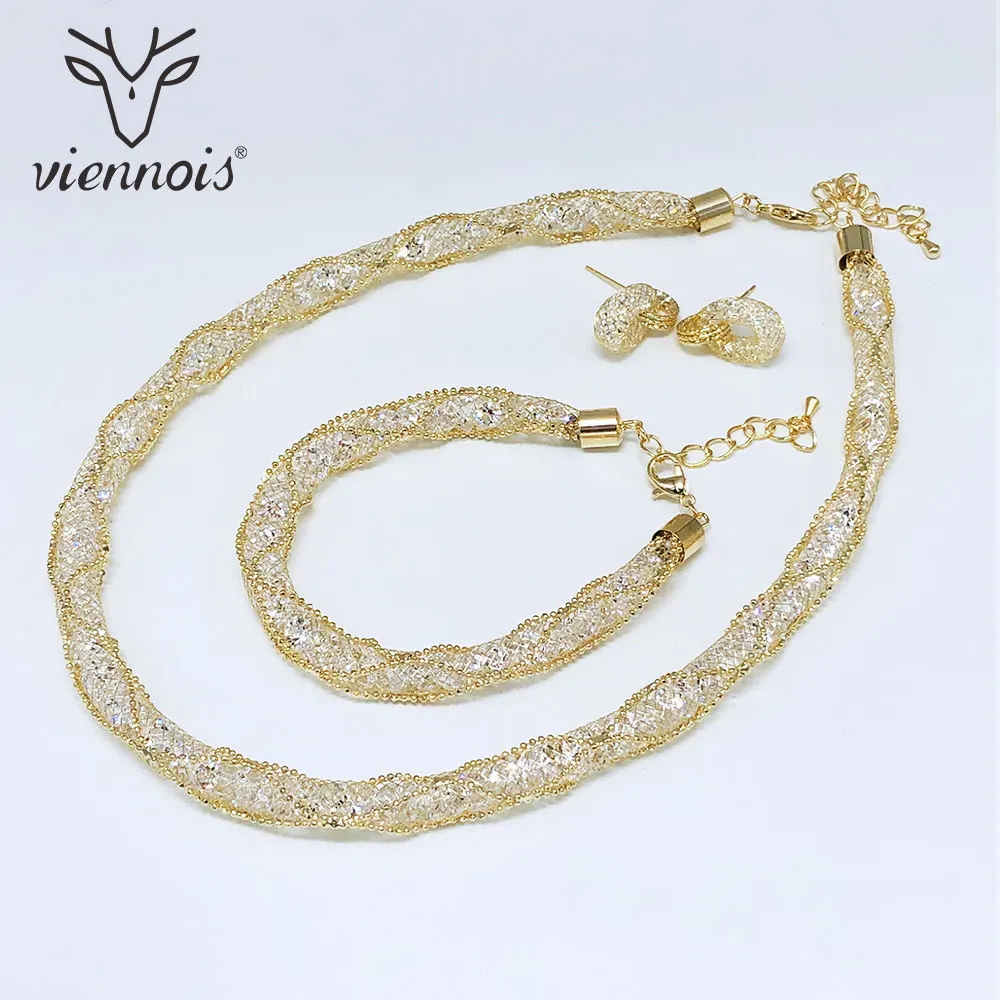 

Viennois New Gold Color & Rose Gold Color & White Stud Earrings Bracelet Choker Necklace Set For Women Metal Party Jewelry Set