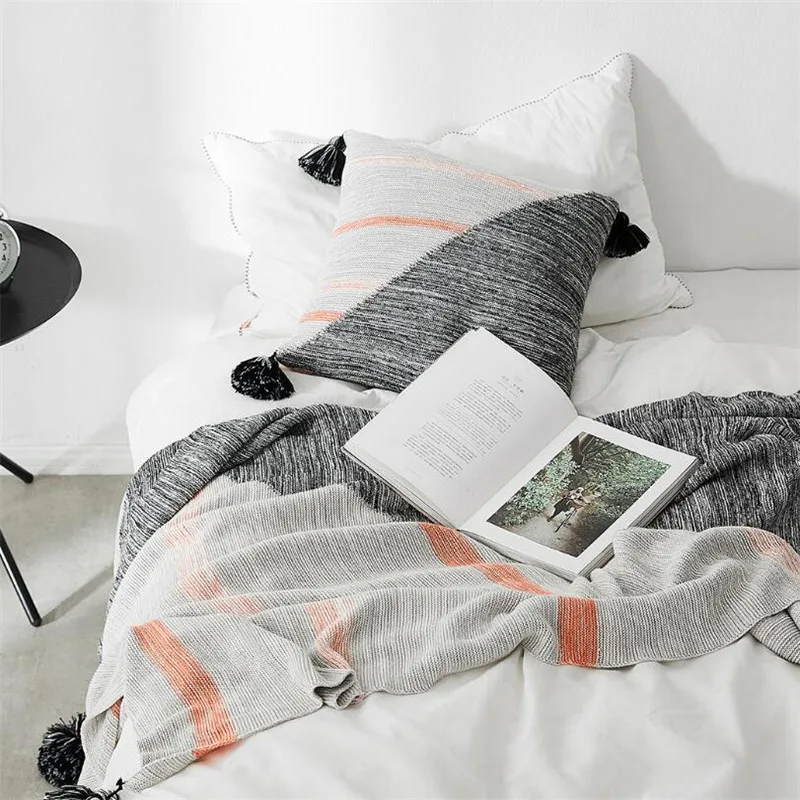 IDouillet Хлопковое одеяло вязаные одеяла нордическая Геометрическая полоса черный Большой Простой шарик кондиционер диван-кровать