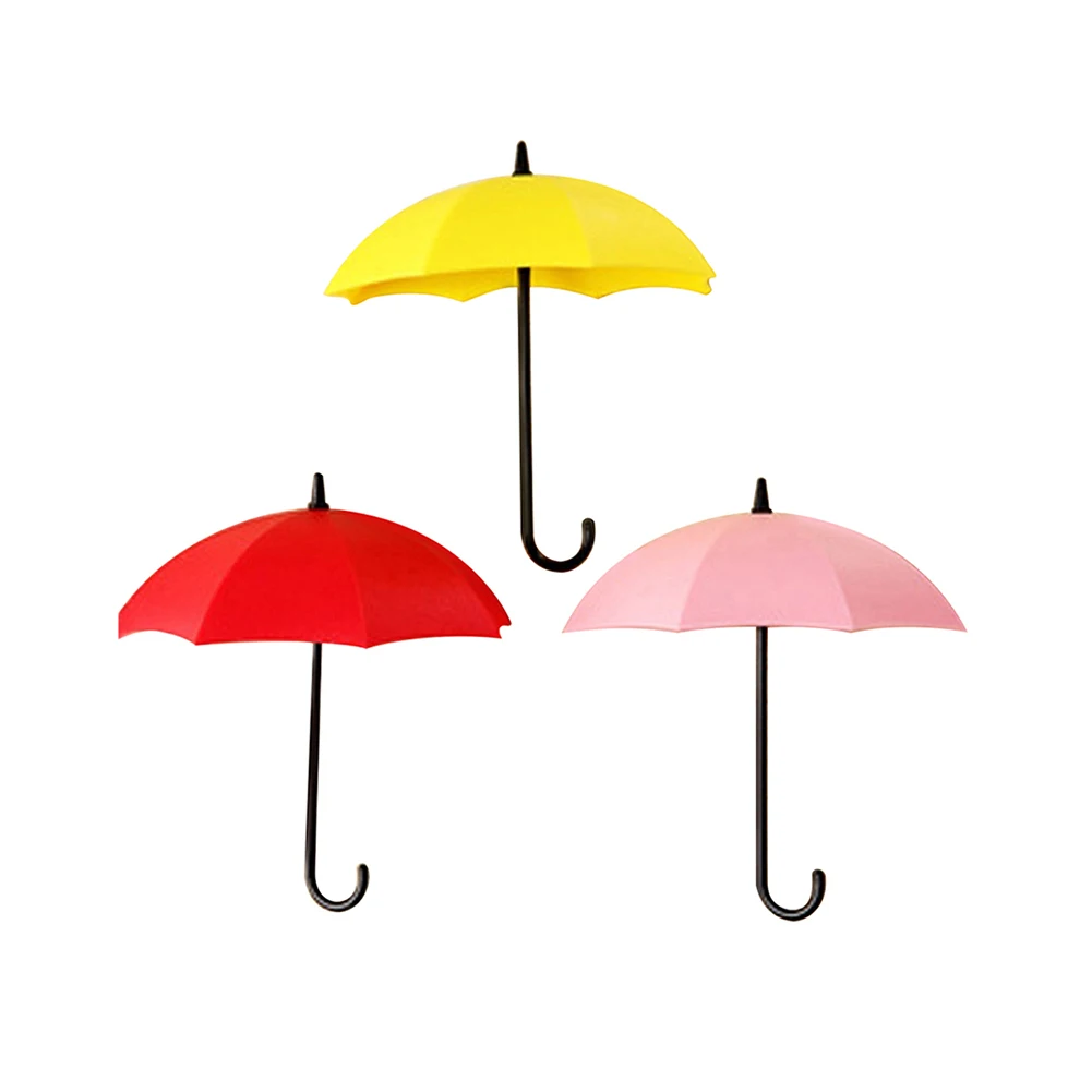 3Pcs Colorful Umbrella Wall Hook Key Hanging Hair Pin Holder Decorative Organizer Storage Holders Racks - Color: Red Pink Yellow