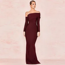 Красное вино с открытыми плечами с длинным рукавом сзади сплайсинг Макси облегающее привлекательное облегающее платье женская одежда элегантные вечерние платья для ночного клуба