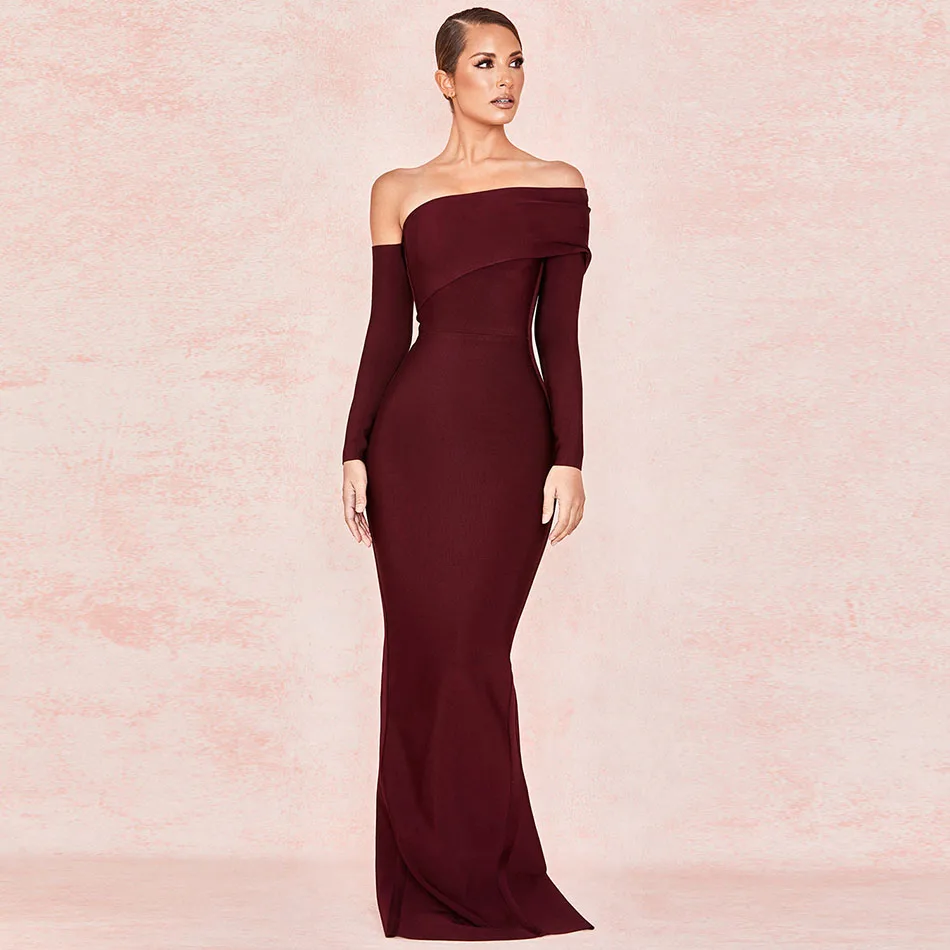 

Wine Red Off the Shoulder Long Sleeve Back Spliting Maxi Bodycon Dress Sexy Sheath Robe Womens Clothing Elegant Party Nightclub