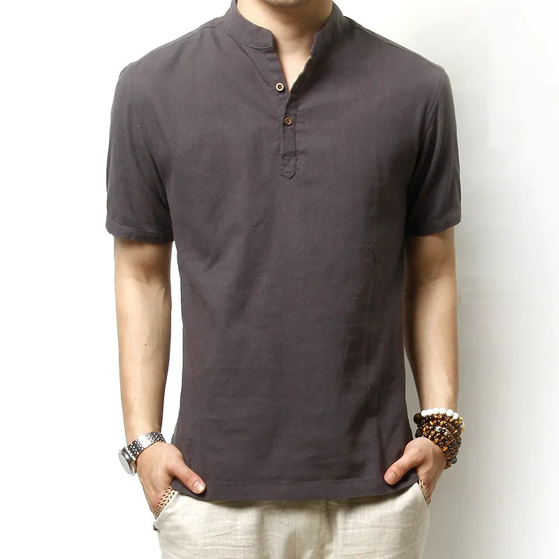 Новая мужская рубашка с коротким рукавом Chemise Homme модный дизайн бежевый синий льняные мужские облегающие рубашки брендовые стильные рубашки Camisa Masculina - Цвет: Серый