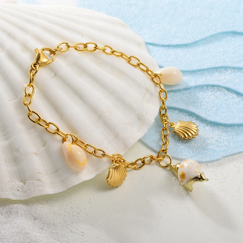 Baoyan позолоченные браслеты цепочки из нержавеющей стали Boho Cowrie Sea Shell браслет