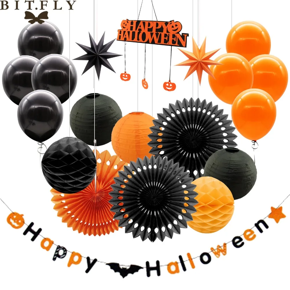 

Halloween decoration paper lanterns,pull banners ,paper fan flowers,paper 3D starsand tassel for Party DIY decorations supplies