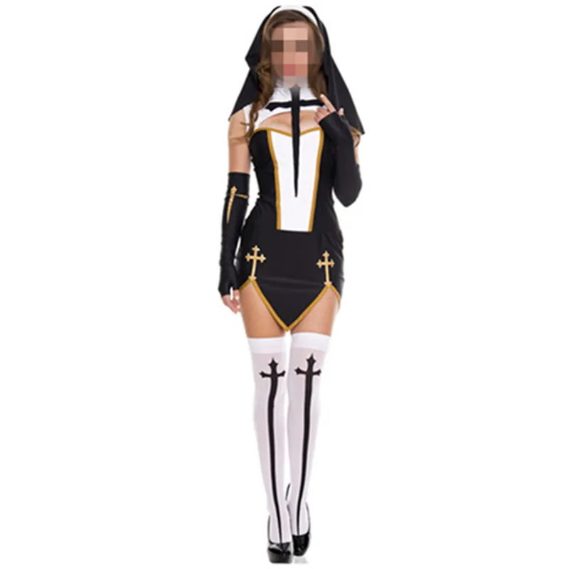Сексуальный костюм монахини для взрослых женщин белый косплей платье с черным капюшоном для Хэллоуина Сестра Косплей вечерние костюм с чулками - Цвет: As shown