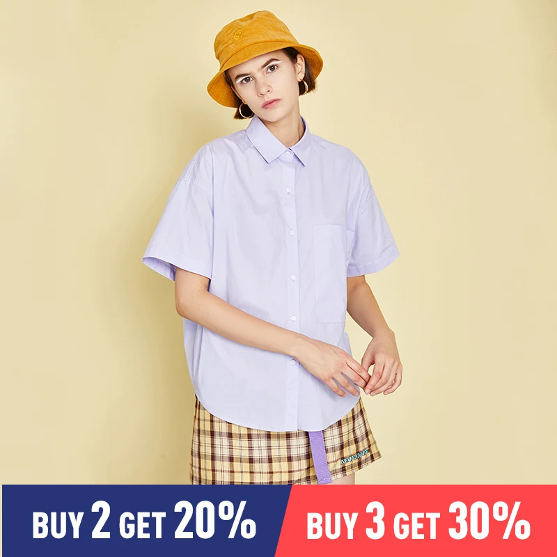 

Toyouth Women Turn Down Collar Solid Color Cotton Short Sleeve Korean Style Work Wear OL Blouse Shirt