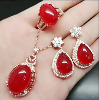 

Natural live ring inlaid rose drop pendant earrings set