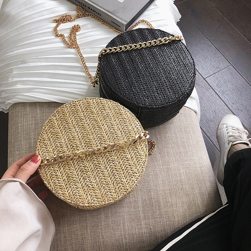 Hand-woven Round Woman's Shoulder Bag Handbag Bohemian Summer Straw Beach Bag Travel Shopping Female Tote Chain Bags