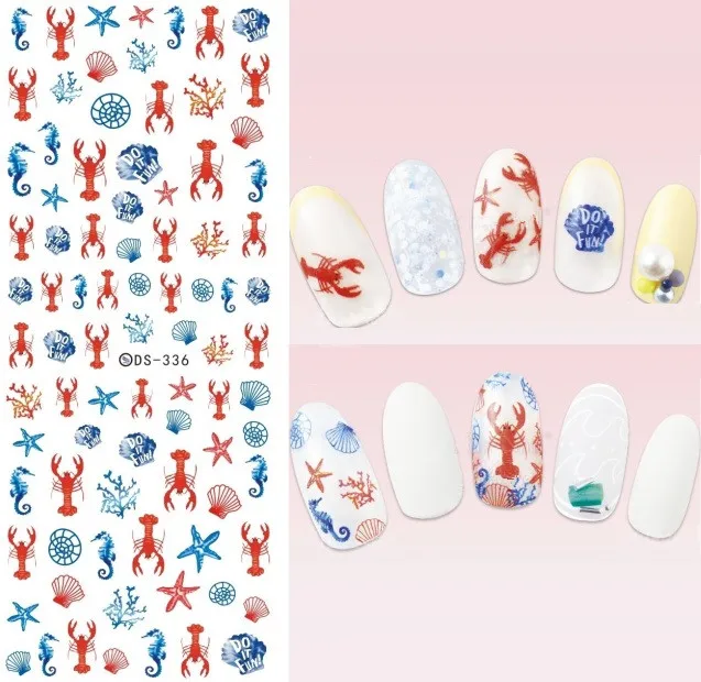 

DS336 New Design Water Transfer Nails Art Sticker Harajuku Elements Blue Red shrimp Shell Nail Wraps Sticker Manicura Decal