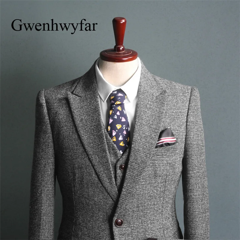 Gwenhwyfar мужской Клетчатый костюм серый Slim Fit Свадебные костюмы для мужчин высокого качества Деловые костюмы 3 шт. пиджак брюки жилет