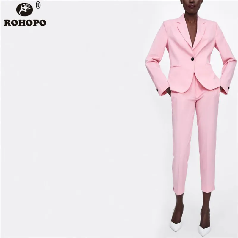 

ROHOPO Women Pink Solid Blazer Office Ladies Casual Single Button Vogue Blazer Autumn Female Slim Outwear #BM2063 #BM2064