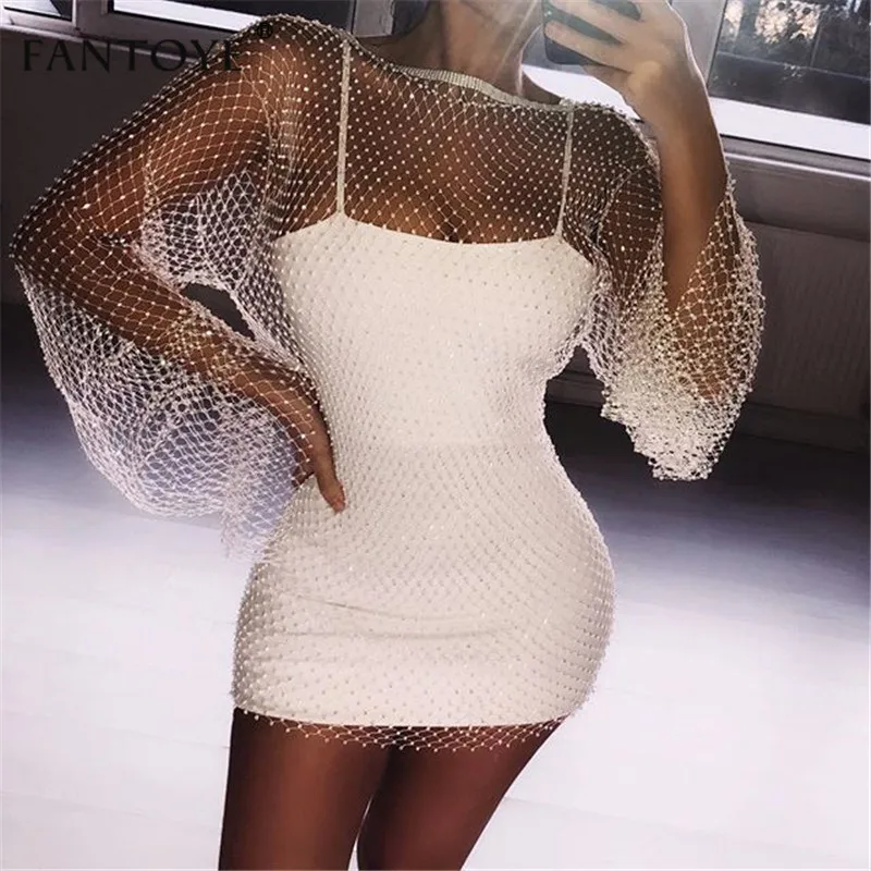 Fantoye С кристалалми и стразами Сексуальная Bodycon Платье Для женщин открытое Летнее мини-платье с ажурные чулки в сетку, сексуальное пляжное платье вечерние платья