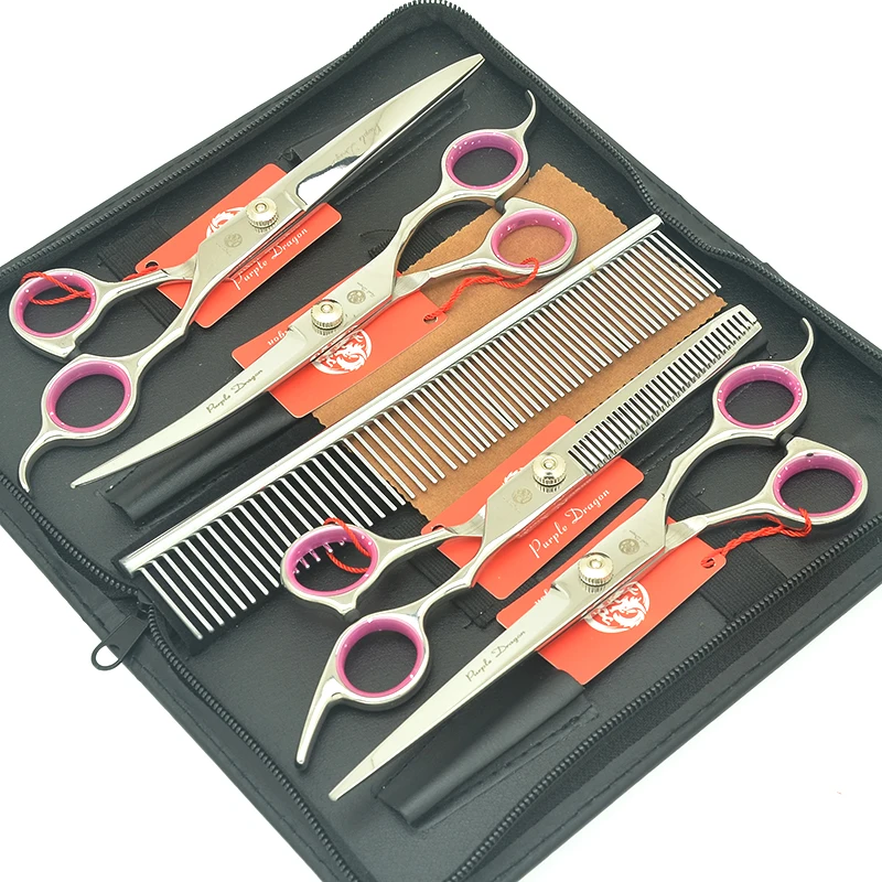 Tesoura de Prata Polegada Set Jp440c Dragão Roxo Pet Grooming Scissors Tesouras Cão Grande Reta & Emagrecimento Curvo Lzs0508 7.0 4 Pçs - 2 Tesouras de cabelo