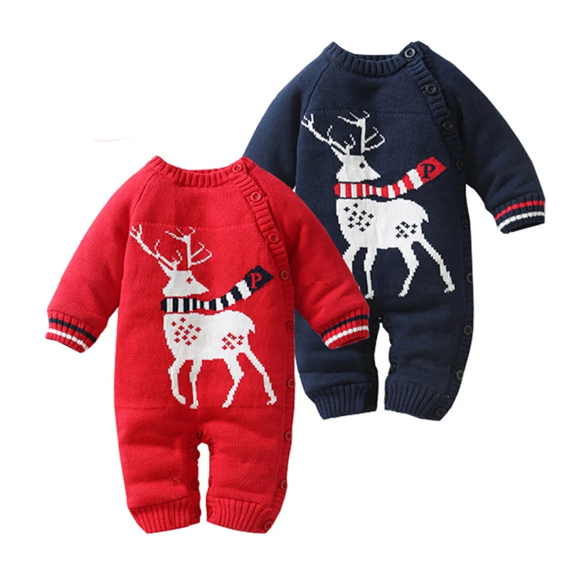 

Winter Baby Rompers Thick Baby Clothes Newborn Boys Girls Warm Romper Knitted Sweater Christmas Deer Hooded Outwear