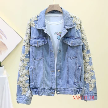 

2020 New Fall Heavy Industries Embroidery Nail Bead Denim Jacket Female Loose Leisure Jeans Jackets Outwear Womens Streetwear