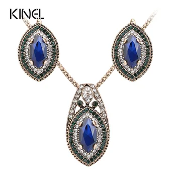 

Luxury Vintage Wedding Jewelry Sets Necklace Earring For Women Gold Color Green Crystal Accessories 2017 New