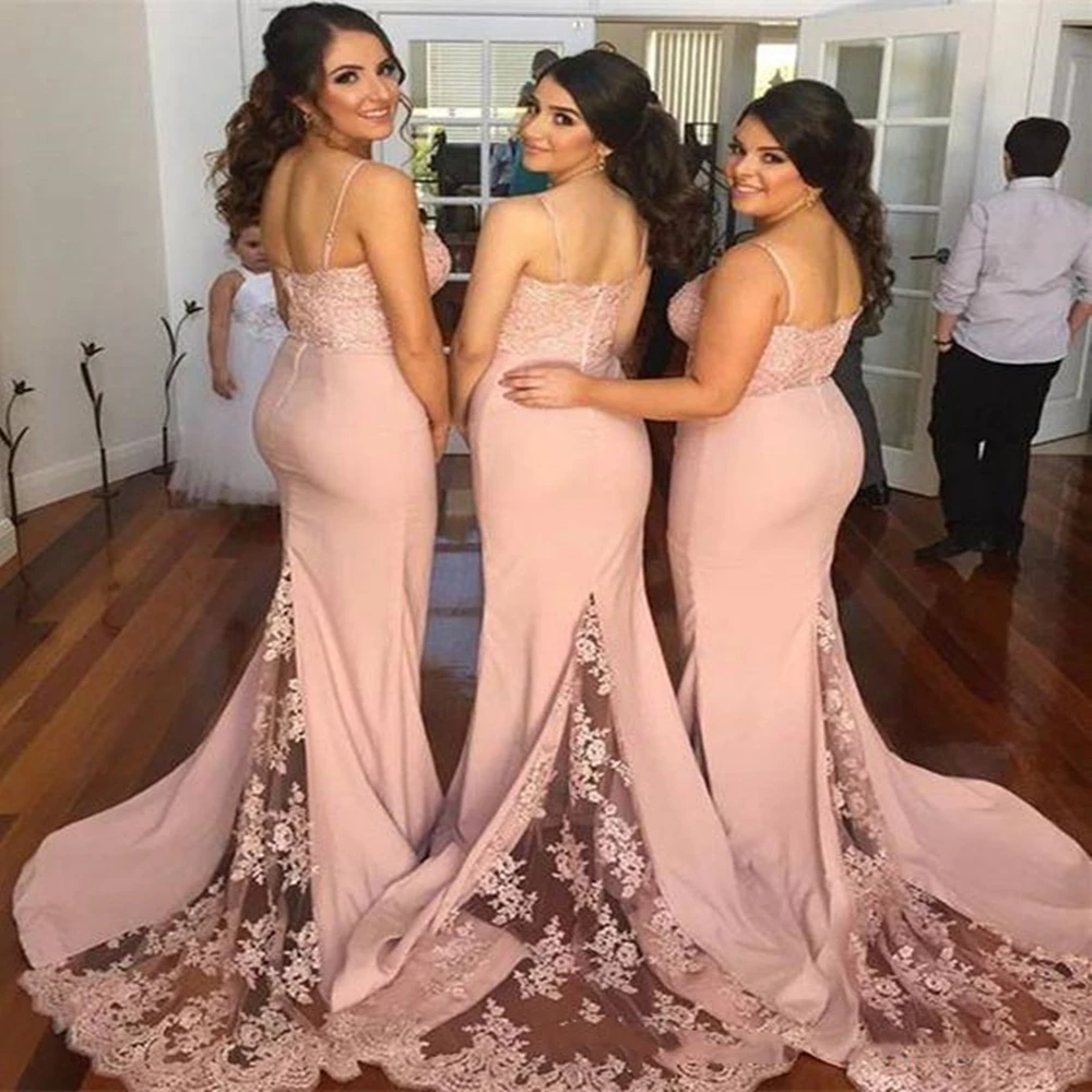 

2019 Blush Pink Bridesmaid Dresses Spaghetti Strap Sleeveless Mermaid Lace Junior Country Bridesmaid Dresses Long Maid Dress