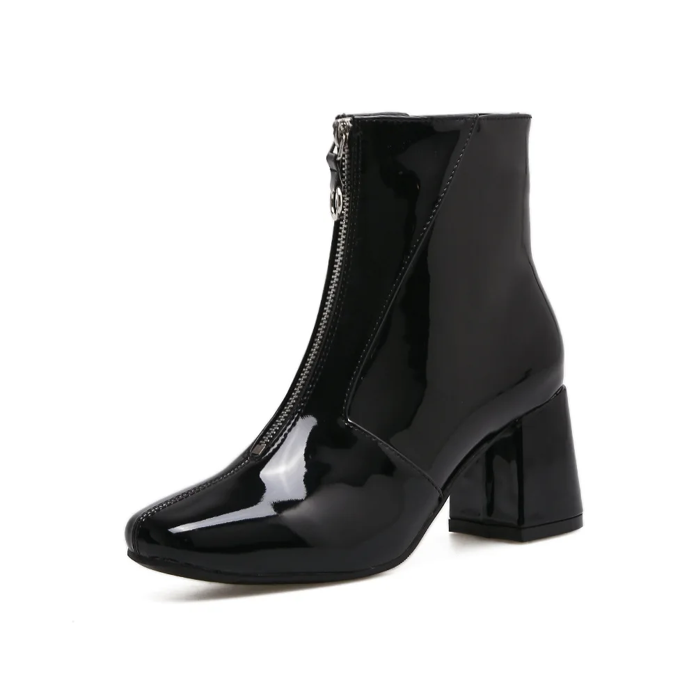 

Autumn Fashion Chelsea Boots 2018 New Dropshipp Low Heel Boots Zipper Women Round Toe Square heel Patent Leather Boots