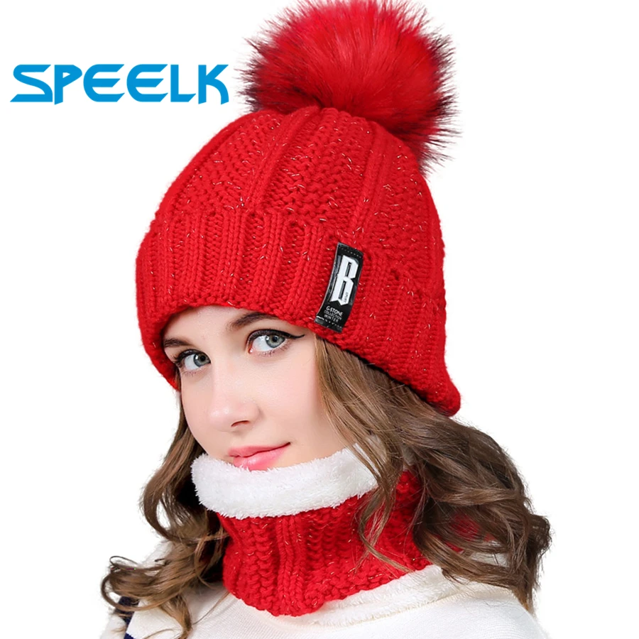 New Brand Winter knit Beanies Hat Women Thick Warm Beanie Skullies Hat Female Letters Bonnet Beanie Caps Outdoor Riding Sets Bib