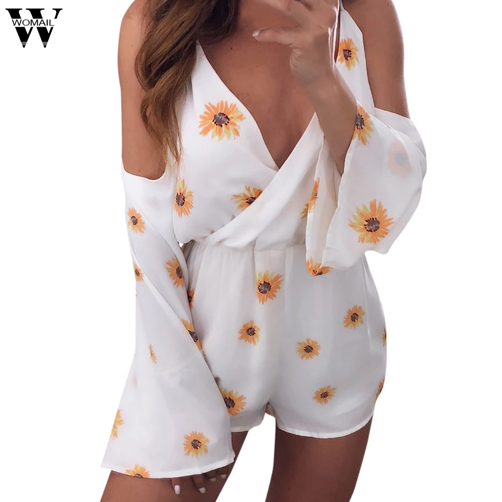 Womail ارتداءها المرأة الصيف الأزياء عارضة السيدات الأزهار طباعة Bodycon Playsuit رومبير وزرة طباعة جديد دروبشيب M6