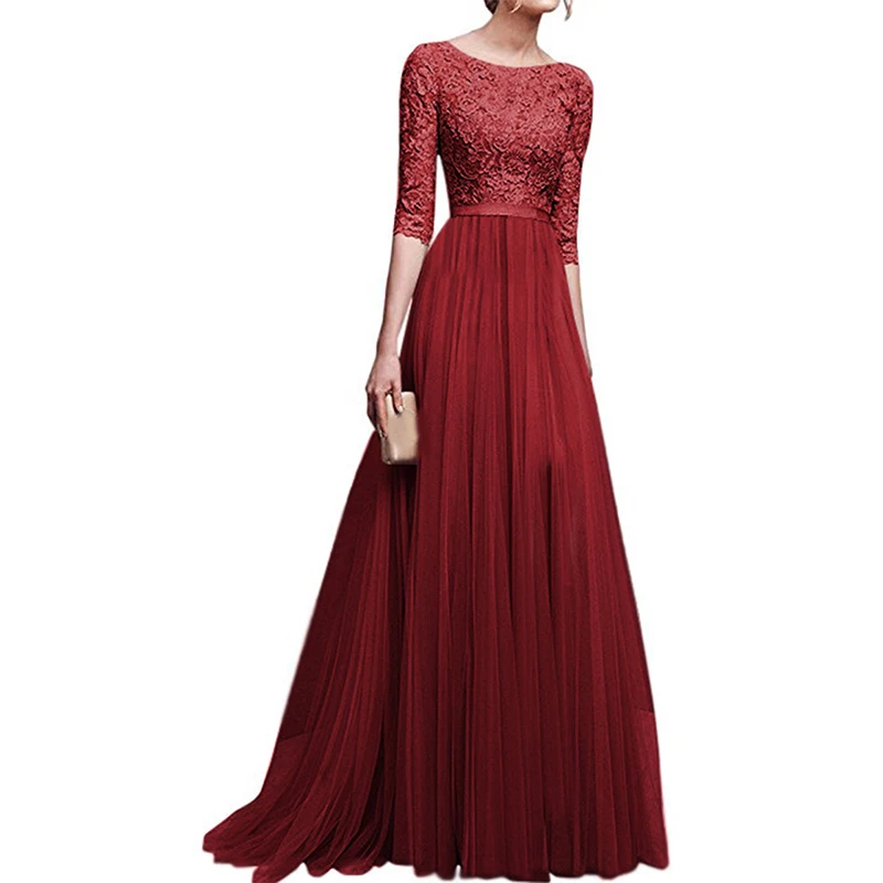 Новая Элегантная шифоновая кружевная сшивка с длинным рукавом в пол Женская Вечеринка выпускной вечер Красное длинное платье женская одежда
