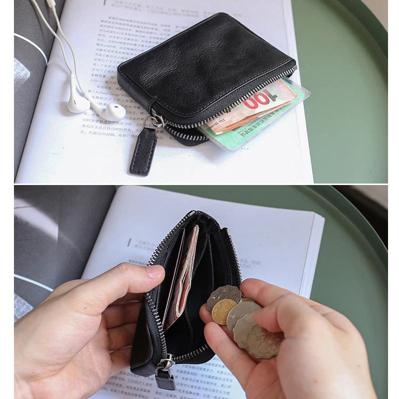 Zipper Wallets Women Genuine Leather Men Coin Purses Vintage Small Change Purses Wrinkled Cowhide Pouch Credit Card Money Bag