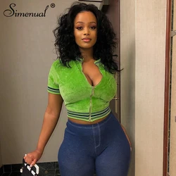 Simenual Zipper Sexy Hot T Shirts Women Short Sleeve Velvet Crop Top Patchwork Streetwear Slim Summer Tee Shirts 2019 Fashion Simenual Zipper Sexy Hot T Shirts Women Short Sleeve Velvet Crop Top Patchwork Streetwear Slim Summer Tee Shirts 2019 Fashion