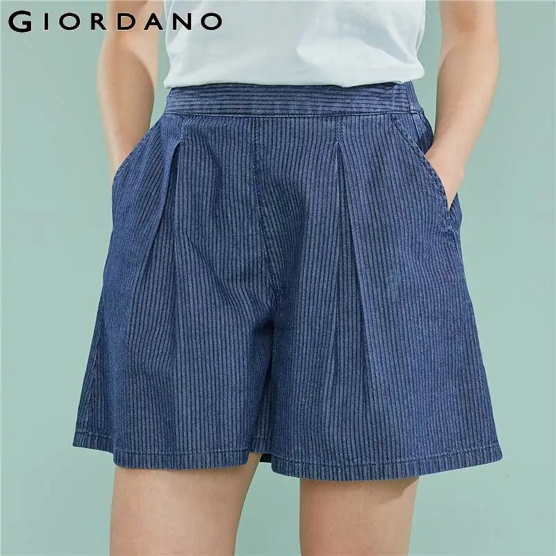 

Giordano Women Denim Shorts Women A-shaped Elastic Waistband 100% Cotton Denim Women Shorts Double Slant Pockets Short Feminino