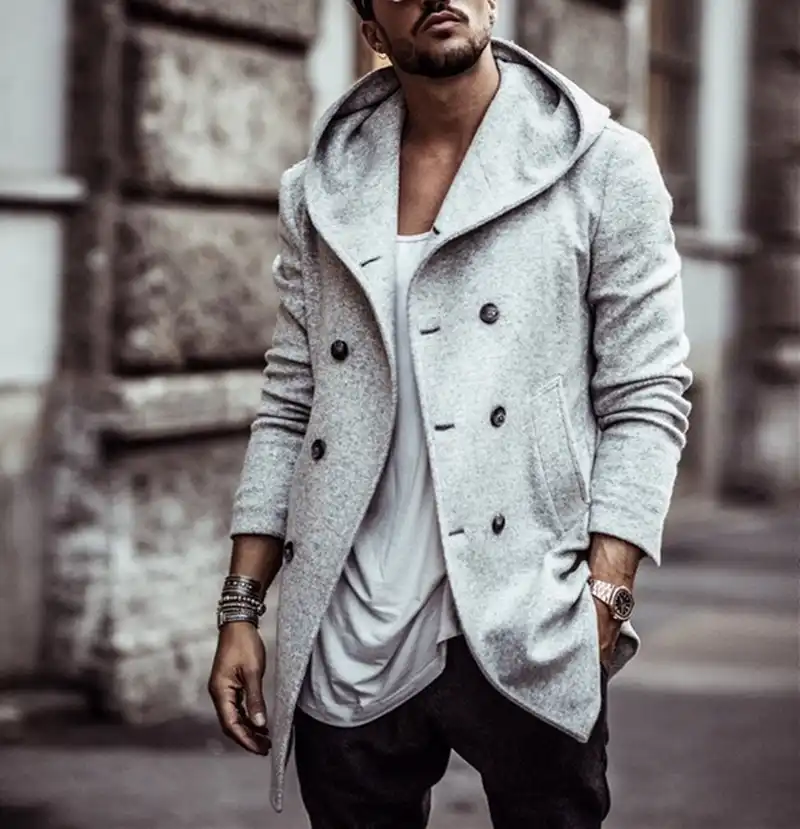 Men/'s Casual Autumn Winter Overcoat Outwear Peacoat Long Sleeve Hooded Jacket