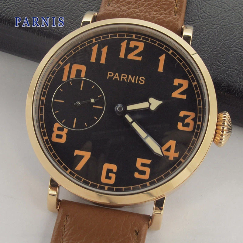 

46mm Parnis Men's Wristwatch Crystal Brown Leather Strap Mechanical Hand Wind Watch Black Dial with Orange Numbers