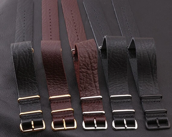 

Hot sale fashion nato long strap watch 22MM Genuine leather watchband black brown with stainless steel 3 ring buckle bracelet