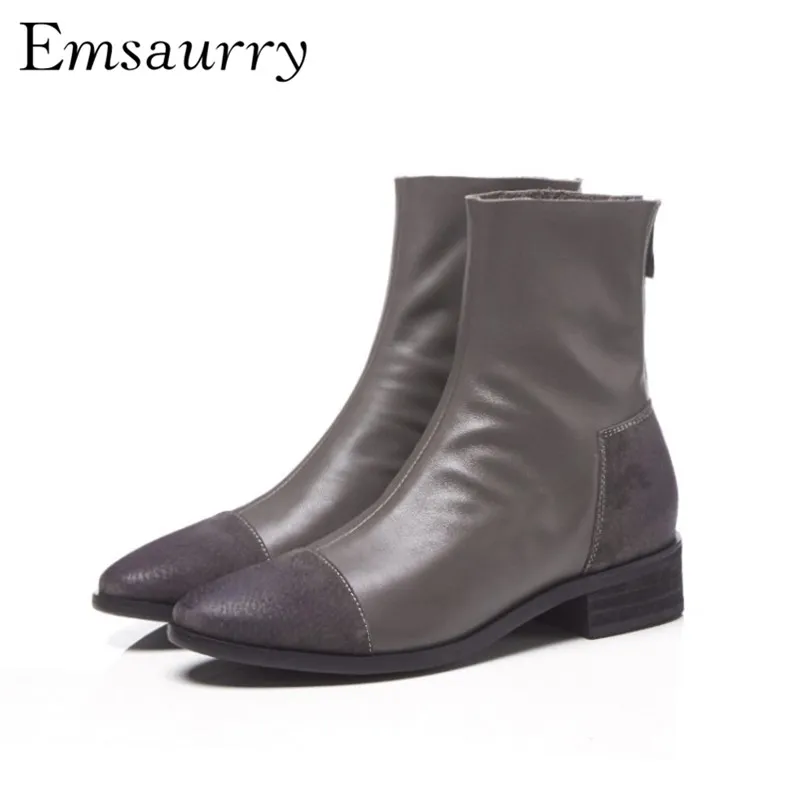 

Scrub Suede Leather Patchwork Short Boots Back Zip Low Heel Fashion Runway Botas Mujer Autumn Winter Booties