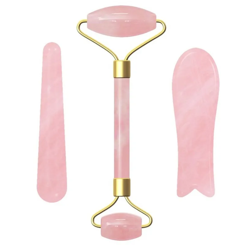 3PCS/Set Natural Stone Jade Roller Facial Massager Portable Face Lift Tools Rose Quartz Face Roller